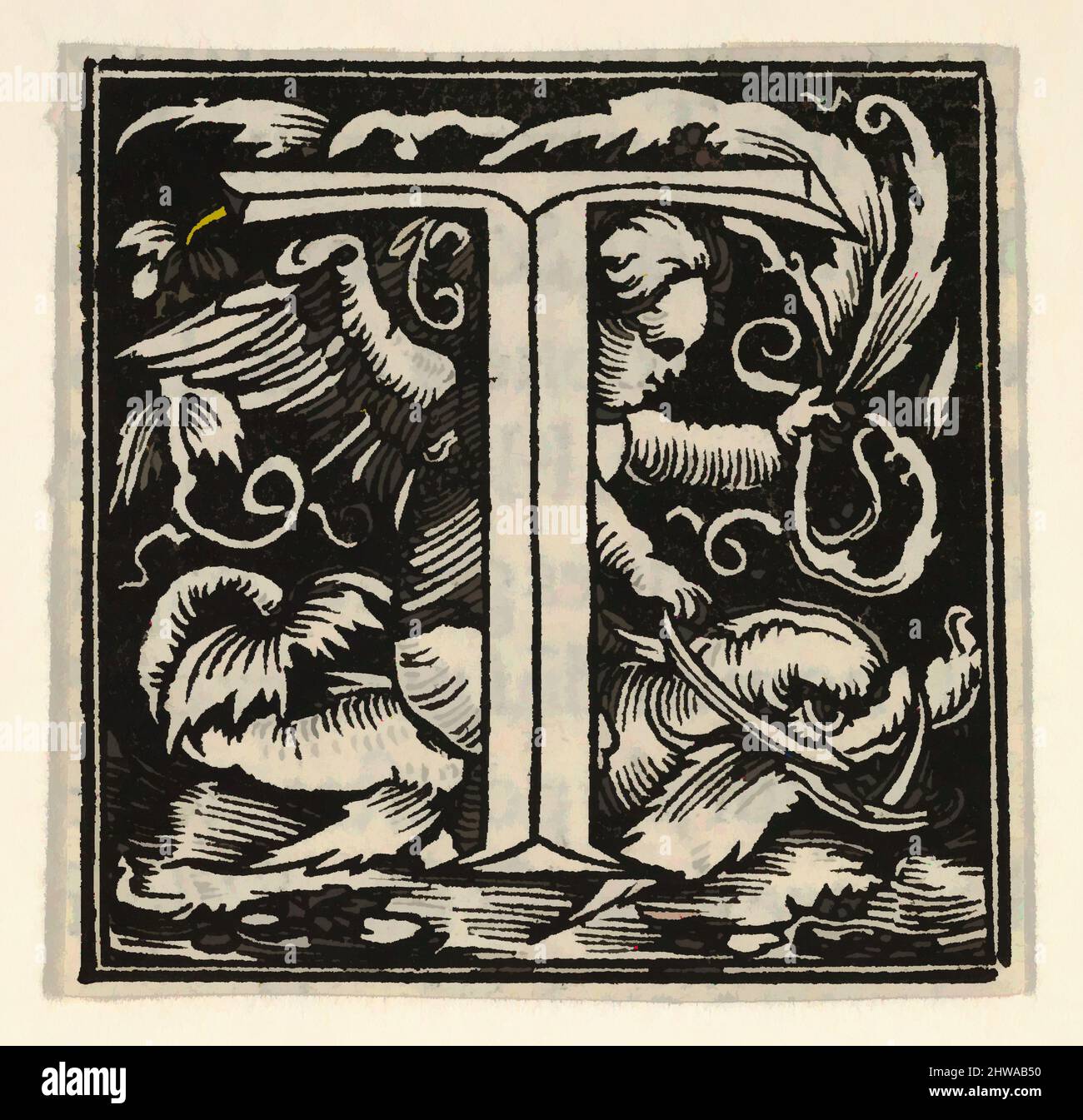 Art inspired by Drawings and Prints, Print, Initial letter T with putto, Artist, Heinrich Vogtherr the Elder, German, born 1490, active 1538, Classic works modernized by Artotop with a splash of modernity. Shapes, color and value, eye-catching visual impact on art. Emotions through freedom of artworks in a contemporary way. A timeless message pursuing a wildly creative new direction. Artists turning to the digital medium and creating the Artotop NFT Stock Photo