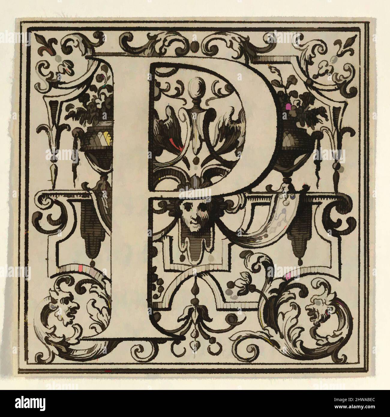 Art inspired by Drawings and Prints, Print, Roman Alphabet letter P with Louis XIV decoration, Artist, Bernard Picart, French, Paris 1673–1733, Classic works modernized by Artotop with a splash of modernity. Shapes, color and value, eye-catching visual impact on art. Emotions through freedom of artworks in a contemporary way. A timeless message pursuing a wildly creative new direction. Artists turning to the digital medium and creating the Artotop NFT Stock Photo