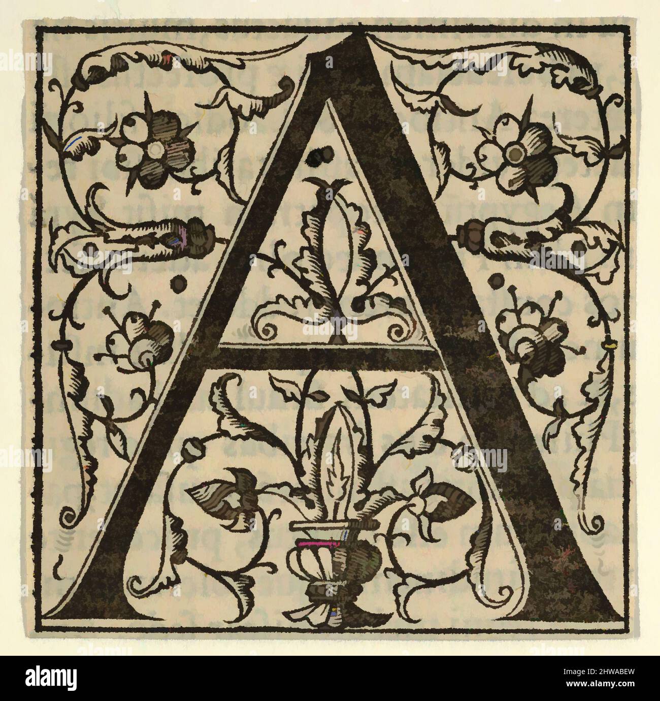 Art inspired by Drawings and Prints, Print, Initial letter A with garlands, Artist, Oronce Finé, French, Briançon 1494–1555 Paris, Finé, Classic works modernized by Artotop with a splash of modernity. Shapes, color and value, eye-catching visual impact on art. Emotions through freedom of artworks in a contemporary way. A timeless message pursuing a wildly creative new direction. Artists turning to the digital medium and creating the Artotop NFT Stock Photo