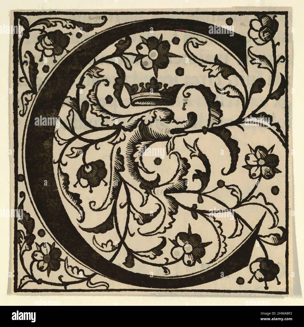 Art inspired by Drawings and Prints, Print, Initial letter C with dolphin and crown, mid-16th century, 1532, 1554, Woodcut, Classic works modernized by Artotop with a splash of modernity. Shapes, color and value, eye-catching visual impact on art. Emotions through freedom of artworks in a contemporary way. A timeless message pursuing a wildly creative new direction. Artists turning to the digital medium and creating the Artotop NFT Stock Photo