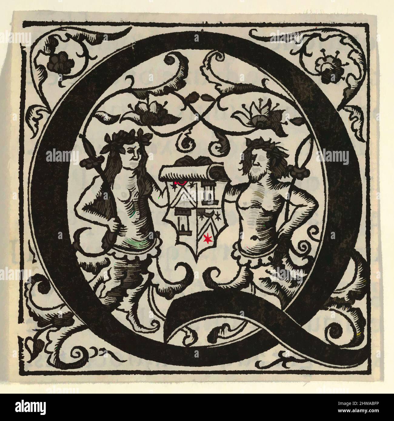Art inspired by Drawings and Prints, Print, Initial letter Q with coat of arms, mid-16th century, 1532, 1554, Woodcut, Sheet: 2 3/8 × 2 3/8 in, Classic works modernized by Artotop with a splash of modernity. Shapes, color and value, eye-catching visual impact on art. Emotions through freedom of artworks in a contemporary way. A timeless message pursuing a wildly creative new direction. Artists turning to the digital medium and creating the Artotop NFT Stock Photo