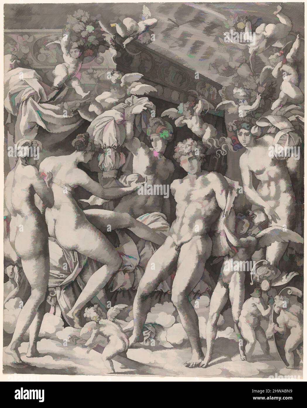 Art inspired by Drawings and Prints, Print, Venus and Mars with cupid and the Three Graces, Formerly attributed to, Giovanni Jacopo Caraglio, Classic works modernized by Artotop with a splash of modernity. Shapes, color and value, eye-catching visual impact on art. Emotions through freedom of artworks in a contemporary way. A timeless message pursuing a wildly creative new direction. Artists turning to the digital medium and creating the Artotop NFT Stock Photo