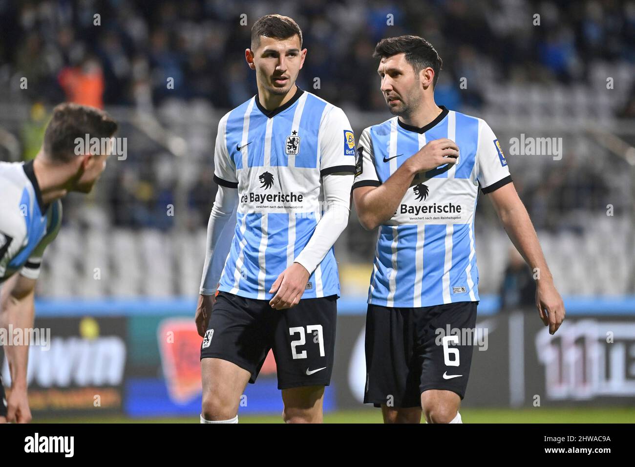 Munich, Germany. 04th Mar, 2022. Munich, Deutschland. 04th Mar, 2022. from left: Semi BELKAHIA (TSV Munich 1860), Stefan SALGER (TSV Munich 1860), action, football 3rd division, division 3, TSV Munich 1860 - SC Verl 2-0, on 04.03.2022 in Munich GRUENWALDER STADIUM. DFL REGULATIONS PROHIBIT ANY USE OF PHOTOGRAPHS AS IMAGE SEQUENCES AND/OR QUASI-VIDEO. Credit: dpa/Alamy Live News Credit: dpa picture alliance/Alamy Live News Stock Photo