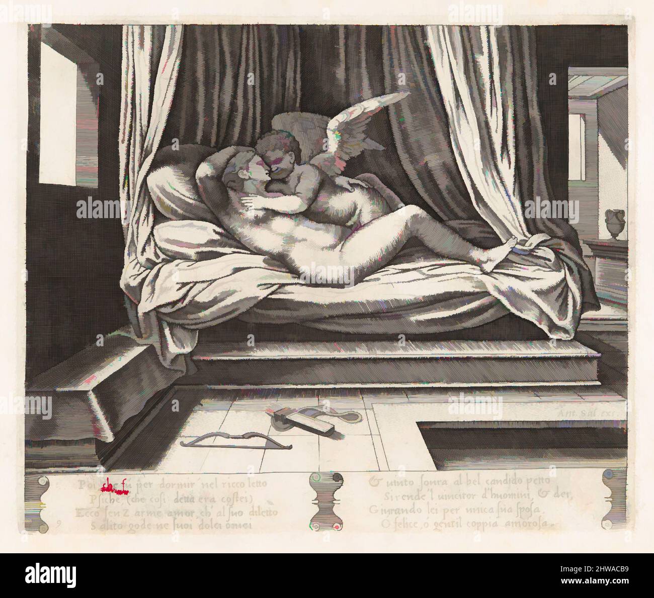 Art inspired by Drawings and Prints, Print, Plate 9: Cupid and Psyche on a bed, from the Story of Cupid and Psyche as told by Apuleius, Classic works modernized by Artotop with a splash of modernity. Shapes, color and value, eye-catching visual impact on art. Emotions through freedom of artworks in a contemporary way. A timeless message pursuing a wildly creative new direction. Artists turning to the digital medium and creating the Artotop NFT Stock Photo