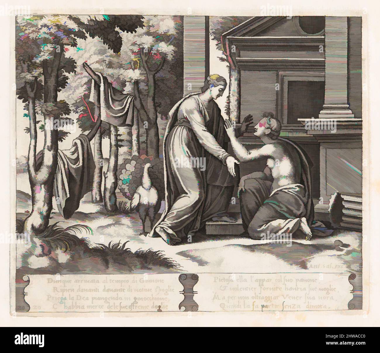 Art inspired by Drawings and Prints, Print, Plate 20: Juno, standing at left, sends away Psyche, who kneels before her, from the Story of Cupid, Classic works modernized by Artotop with a splash of modernity. Shapes, color and value, eye-catching visual impact on art. Emotions through freedom of artworks in a contemporary way. A timeless message pursuing a wildly creative new direction. Artists turning to the digital medium and creating the Artotop NFT Stock Photo