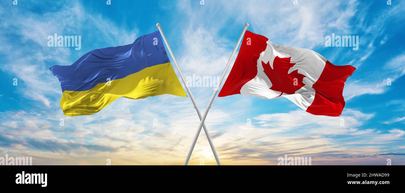 crossed national flags of Ukraine and canada flag waving in wind at ...