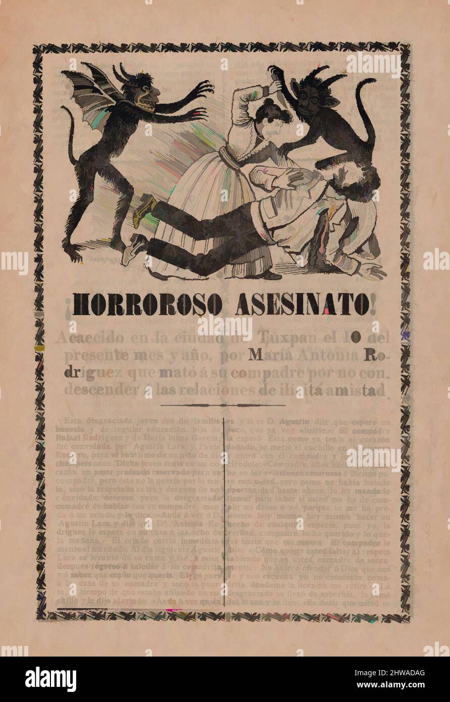 Art inspired by Broadsheet relating to the execution of Florencio Morales and Bernardo Mora who assassinated ex-President Barillas of Guatemala, Classic works modernized by Artotop with a splash of modernity. Shapes, color and value, eye-catching visual impact on art. Emotions through freedom of artworks in a contemporary way. A timeless message pursuing a wildly creative new direction. Artists turning to the digital medium and creating the Artotop NFT Stock Photo