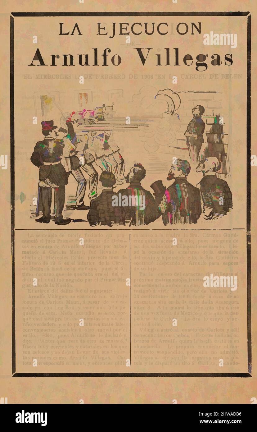 Art inspired by Broadsheet relating to the execution of Arnulfo Villegas, José Guadalupe Posada (Mexican, 1851–1913), ca. 1908, Classic works modernized by Artotop with a splash of modernity. Shapes, color and value, eye-catching visual impact on art. Emotions through freedom of artworks in a contemporary way. A timeless message pursuing a wildly creative new direction. Artists turning to the digital medium and creating the Artotop NFT Stock Photo