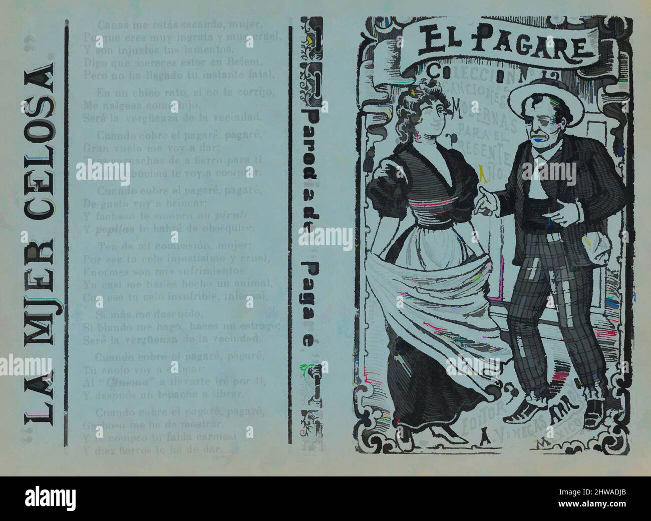 Art inspired by Cover for 'El Pagare', a man holding a cigarette and gesturing to a woman holding a shawl, José Guadalupe Posada Mexican, 1851, Classic works modernized by Artotop with a splash of modernity. Shapes, color and value, eye-catching visual impact on art. Emotions through freedom of artworks in a contemporary way. A timeless message pursuing a wildly creative new direction. Artists turning to the digital medium and creating the Artotop NFT Stock Photo
