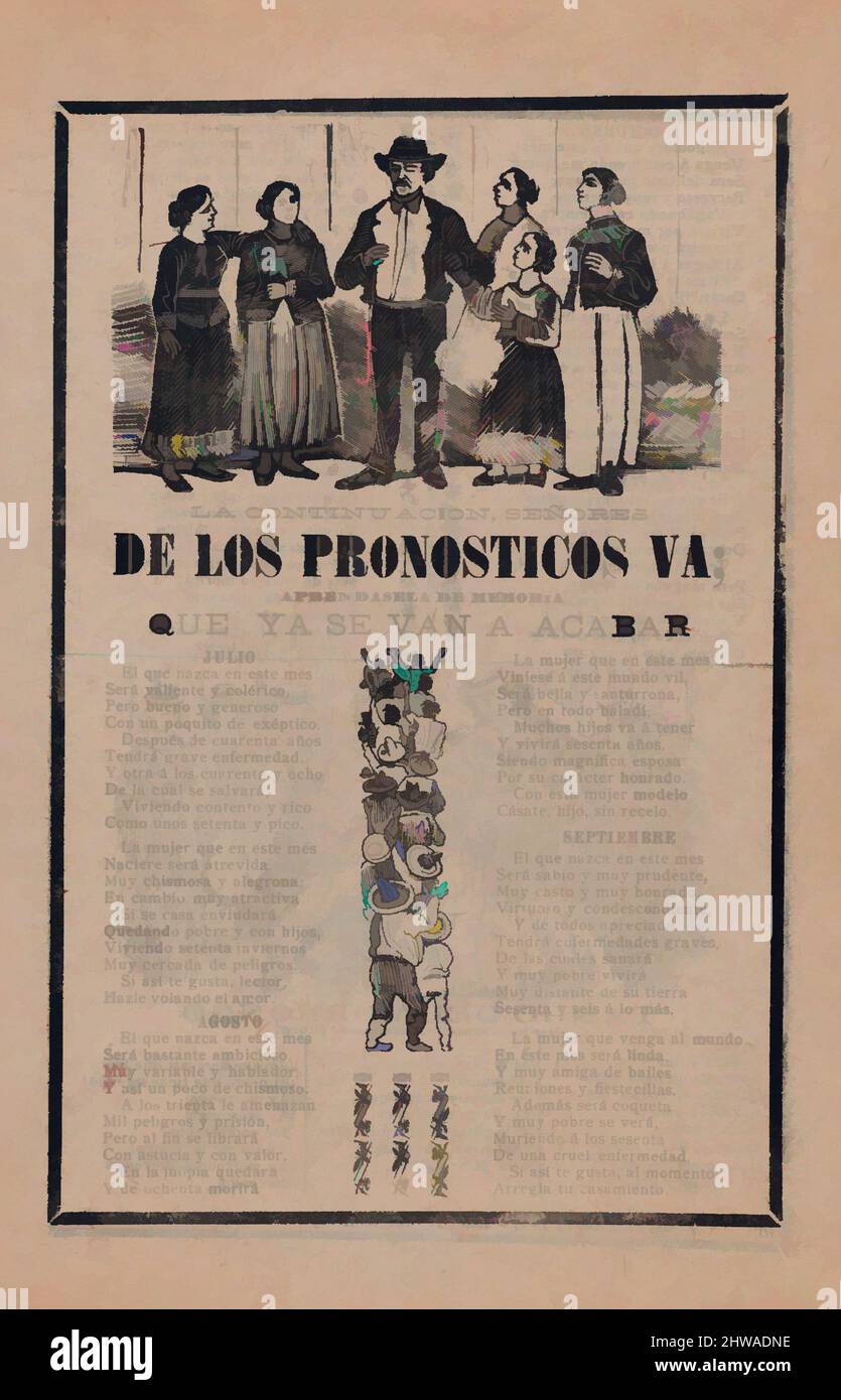 Art inspired by Broadsheet with monthly horoscopes; a group of women surrounding one man and a crowd of people raising their arms, Classic works modernized by Artotop with a splash of modernity. Shapes, color and value, eye-catching visual impact on art. Emotions through freedom of artworks in a contemporary way. A timeless message pursuing a wildly creative new direction. Artists turning to the digital medium and creating the Artotop NFT Stock Photo