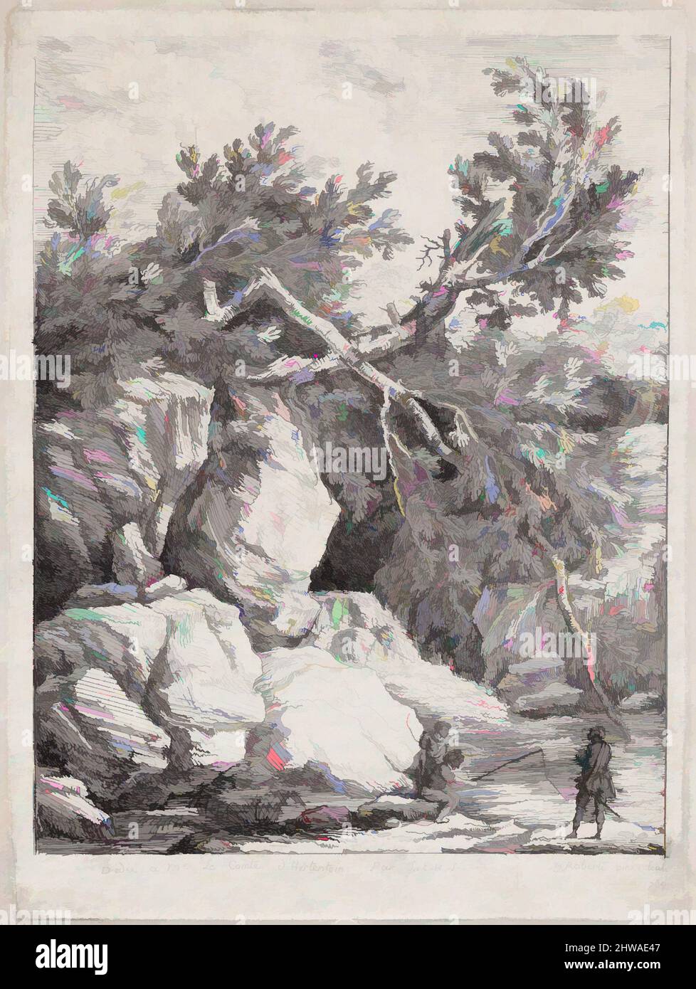 Art inspired by Drawings and Prints, Print, Landscape with a Fallen Tree, Artist, Hubert Robert, French, Paris 1733–1808 Paris, Robert, Hubert, Classic works modernized by Artotop with a splash of modernity. Shapes, color and value, eye-catching visual impact on art. Emotions through freedom of artworks in a contemporary way. A timeless message pursuing a wildly creative new direction. Artists turning to the digital medium and creating the Artotop NFT Stock Photo