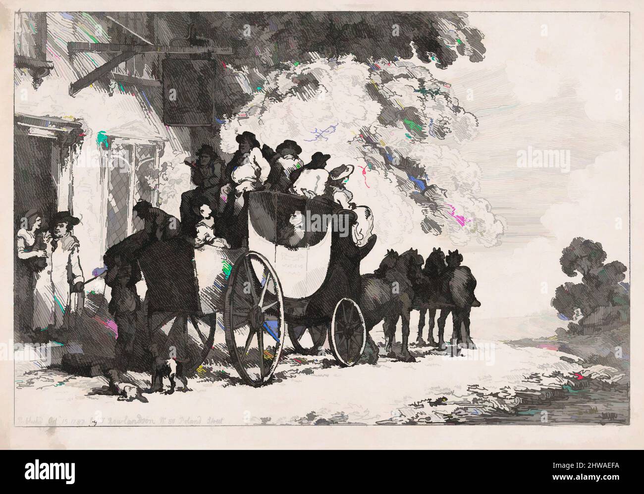 Art inspired by Drawings and Prints, Print, Stage Coach Setting Out From a Posting-House, Publisher, Artist, John Harris, Thomas Rowlandson, Classic works modernized by Artotop with a splash of modernity. Shapes, color and value, eye-catching visual impact on art. Emotions through freedom of artworks in a contemporary way. A timeless message pursuing a wildly creative new direction. Artists turning to the digital medium and creating the Artotop NFT Stock Photo