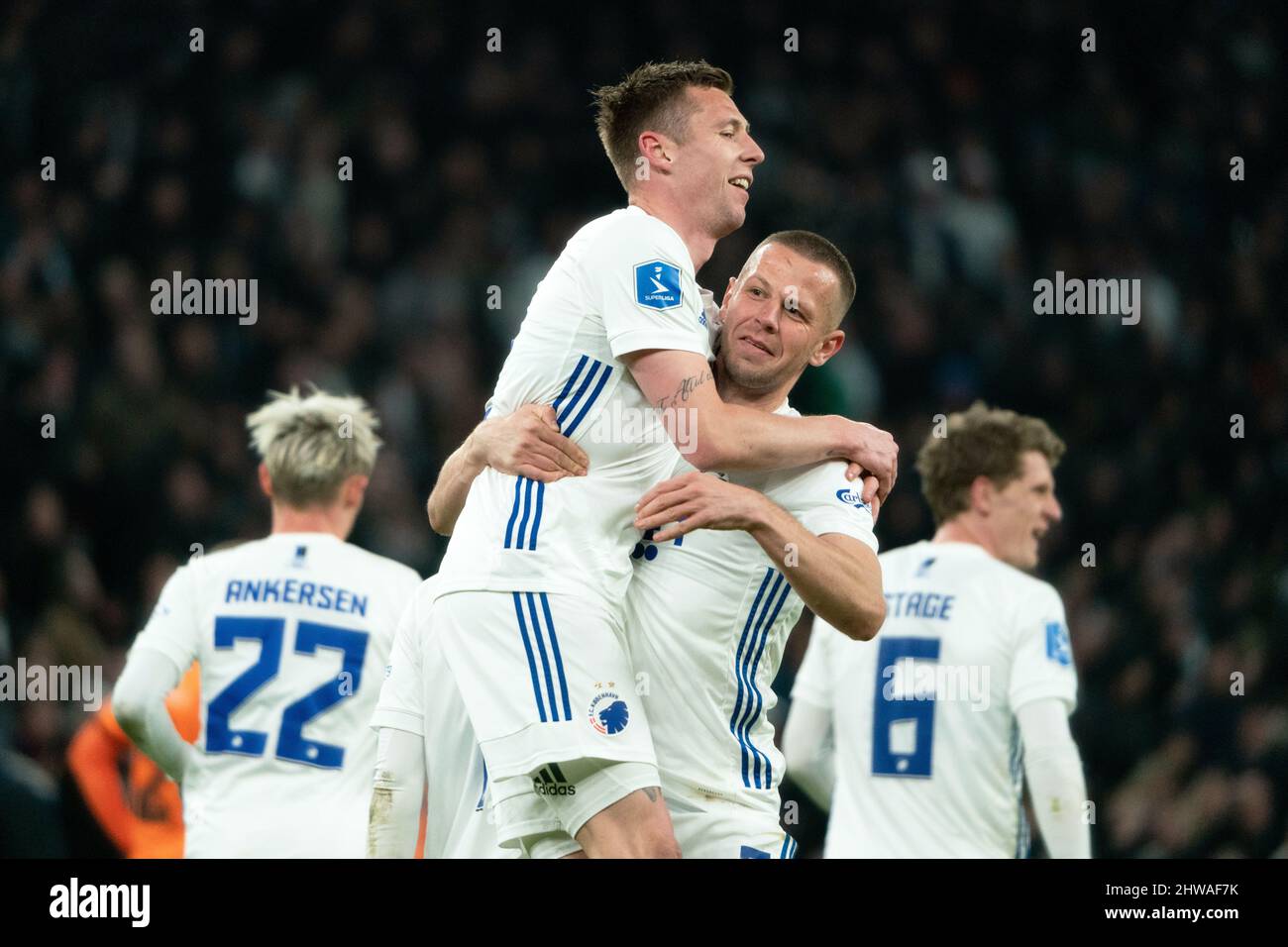 Copenhagen, Denmark. 04th Mar, 2022. Lukas Lerager (12) of FC Copenhagen scores for 3-0 and celebrates with Denis Vavro (3) during the 3F Superliga match between FC Copenhagen and Randers FC at Parken in Copenhagen. (Photo Credit: Gonzales Photo/Alamy Live News Stock Photo