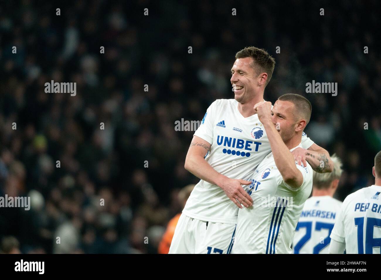 Copenhagen, Denmark. 04th Mar, 2022. Lukas Lerager (12) of FC Copenhagen scores for 3-0 and celebrates with Denis Vavro (3) during the 3F Superliga match between FC Copenhagen and Randers FC at Parken in Copenhagen. (Photo Credit: Gonzales Photo/Alamy Live News Stock Photo