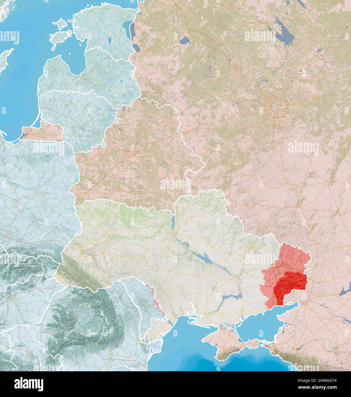 Advancement of Russian troops on Ukrainian soil. Map of the war situation in Ukraine. Position of Russian troops. 3d rendering Stock Photo