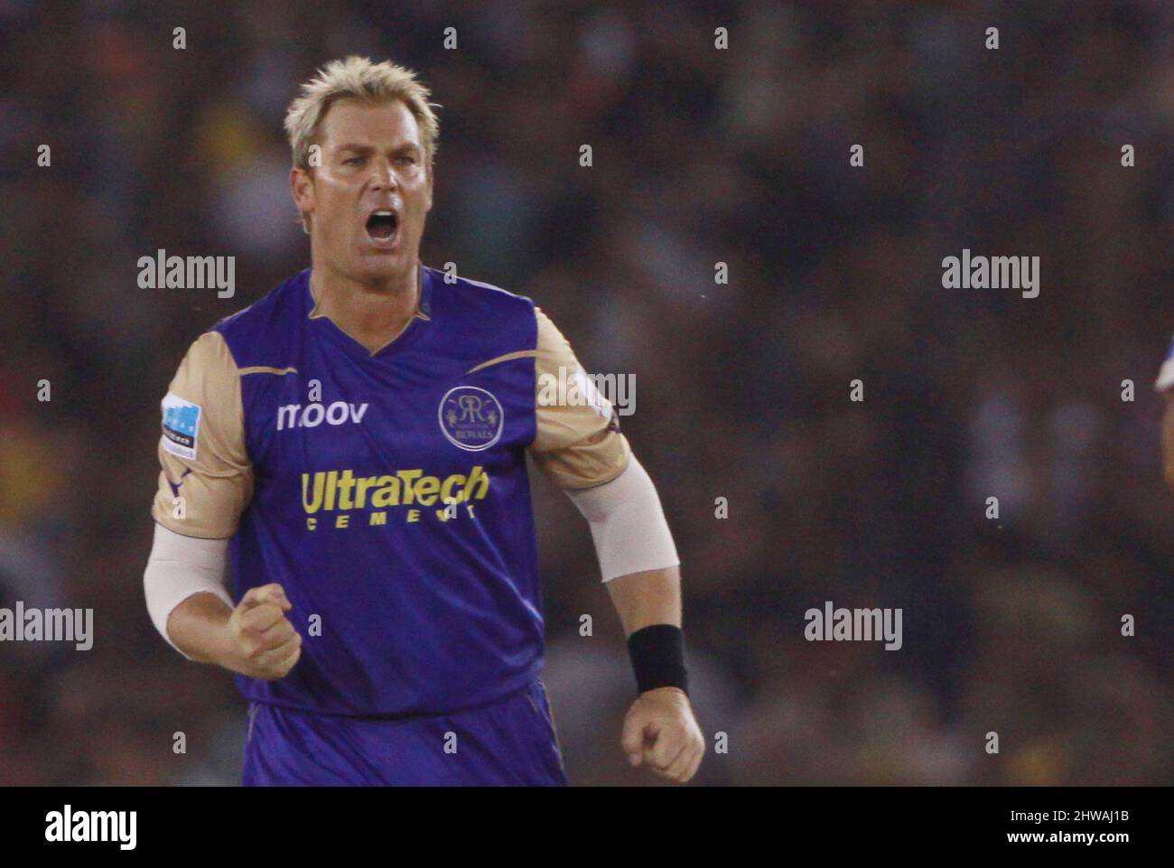 Rajasthan Royals player Shane Warne celebrates after taking wicket of Kings XI Punjab player Manvinder Bisla at the Indian Premier League 3Twenty20 cricket competition at the Punjab Cricket Association Stadium in Mohali India, on Wednesday, March 24, 2010. Stock Photo