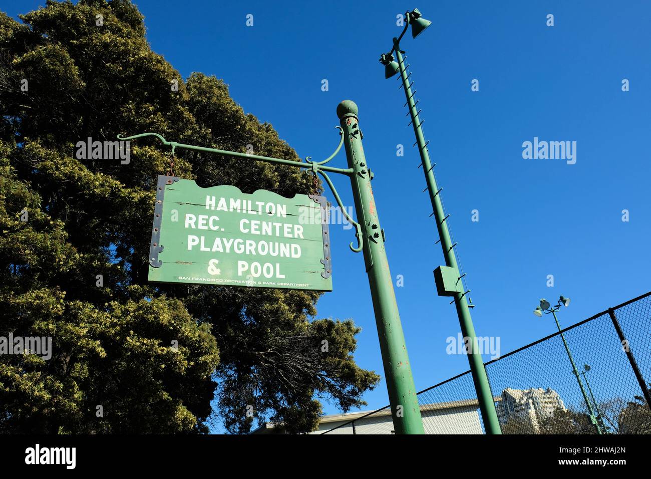 Hamilton Recreation Center Playground and Pool sign in the Western