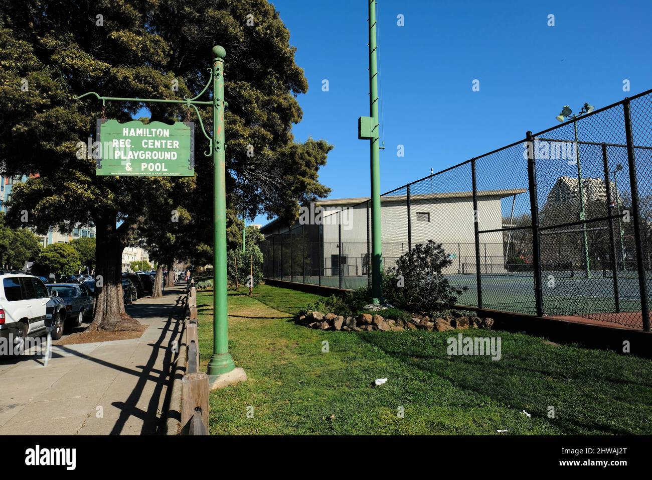 Hamilton Recreation Center Playground and Pool sign in the Western