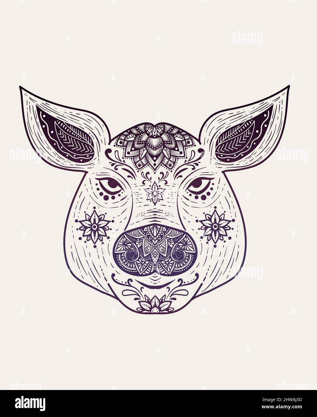illustration vector pig head with mandala style Stock Vector