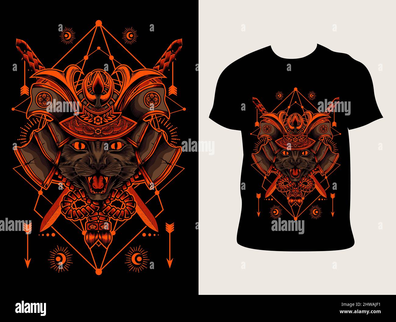 illustration vector samurai cat head with sacred geometry Stock Vector