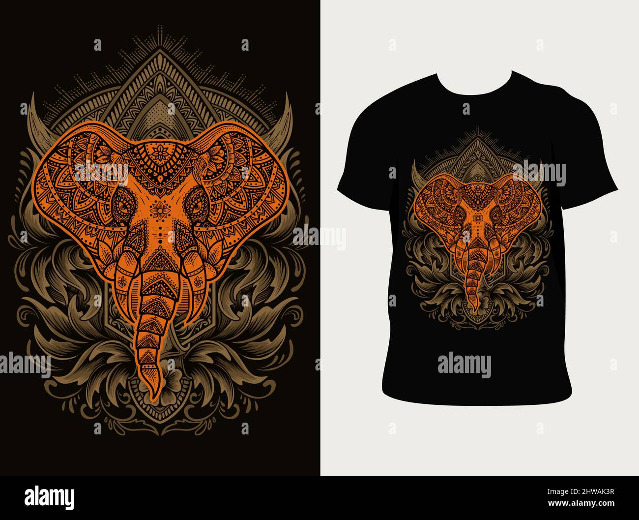 illustration vector elephant head mandala style with vintage engraving ...