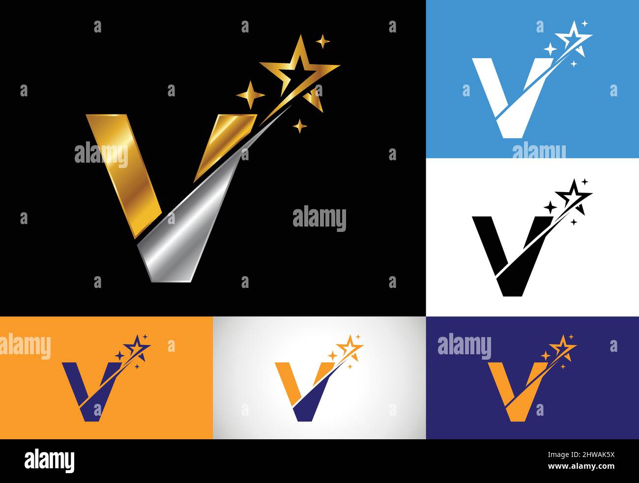 Initial V monogram letter alphabet with swoosh and star logo icon ...