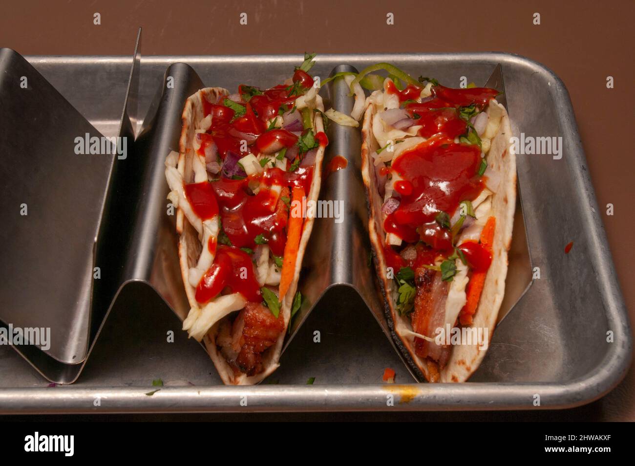 Authentic tex mex mexican cuisine known as a shrimp taco Stock Photo