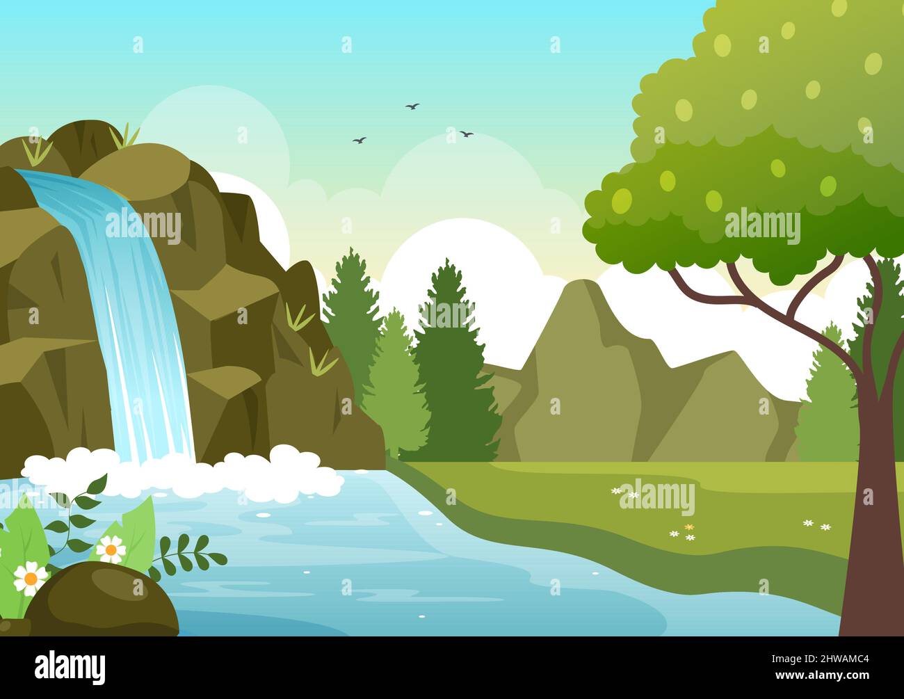 Waterfall Jungle Landscape of Tropical Natural Scenery with Cascade of Rocks, River Streams or Rocky Cliff in Flat Background Vector Illustration Stock Vector