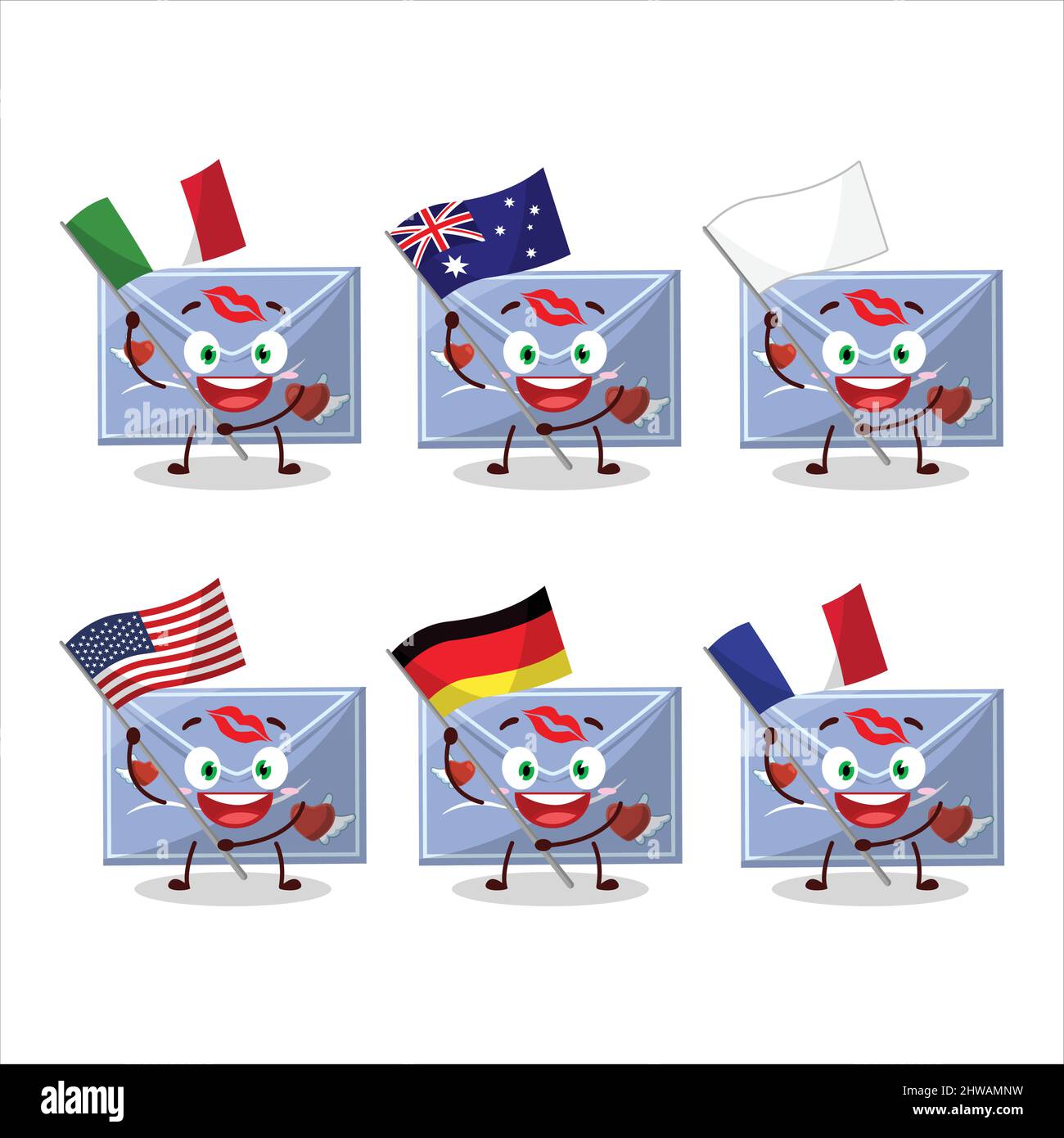 Blue Love Envelope Cartoon Character Bring The Flags Of Various