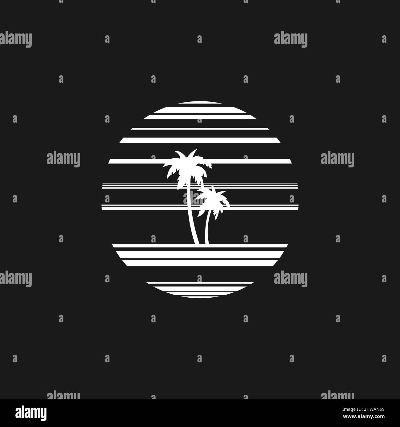 Retrowave sun 1980s style with the palm tree silhouette. Black and white striped sun with palm tree silhouettes. Design element for retrowave style Stock Vector