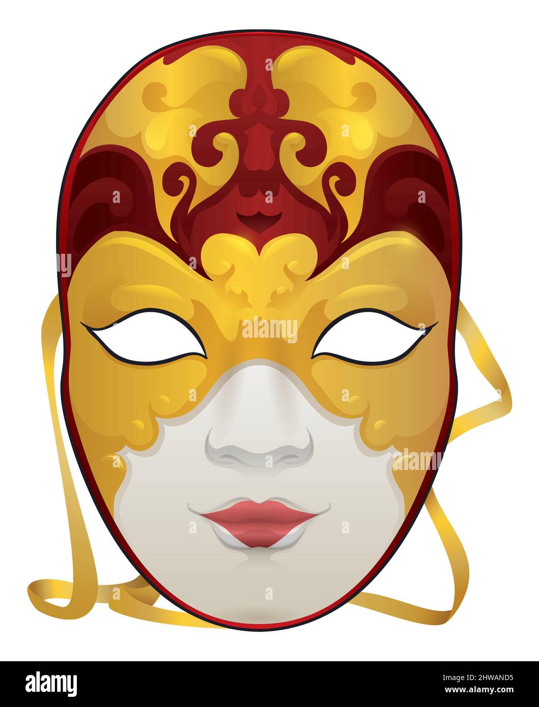 Female Volto mask decorated with golden and red design and yellow rope, to celebrate an elegant Venetian Carnival night. Stock Vector