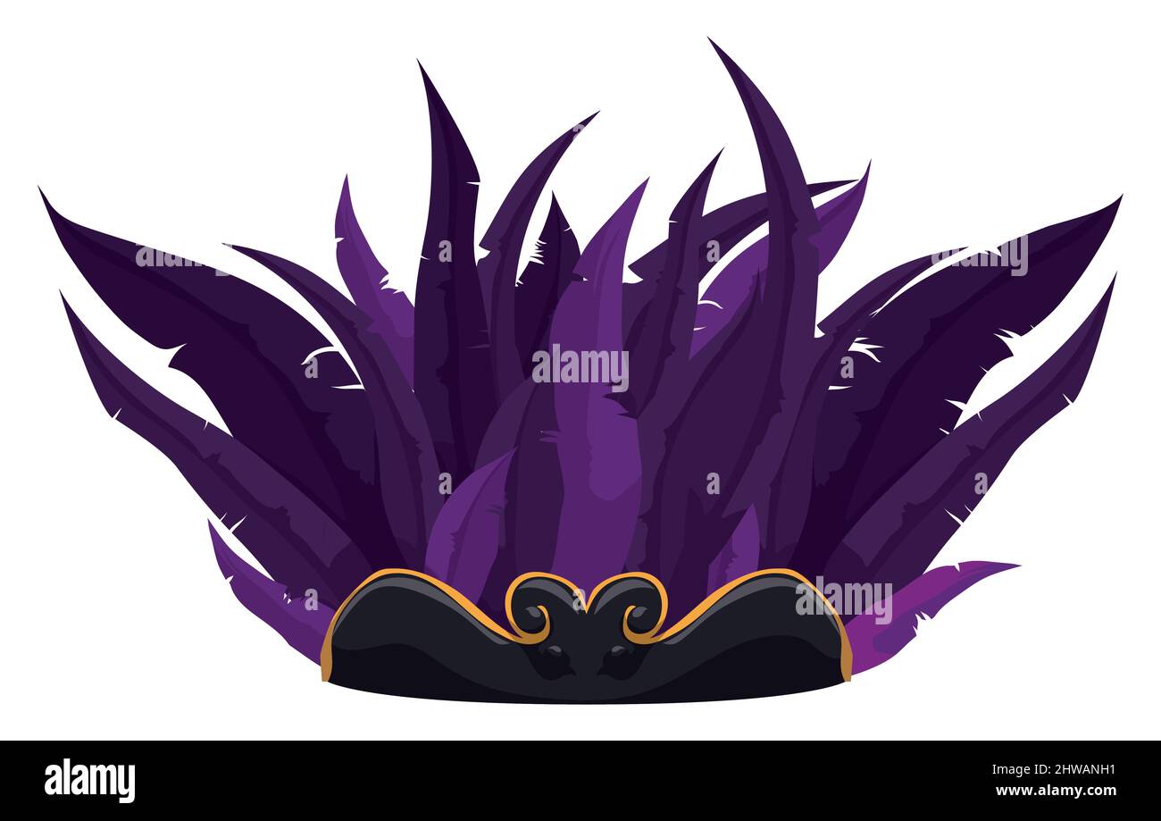 Black plume decorated with golden border and purple feathers in the top. Design in cartoon style over white background. Stock Vector
