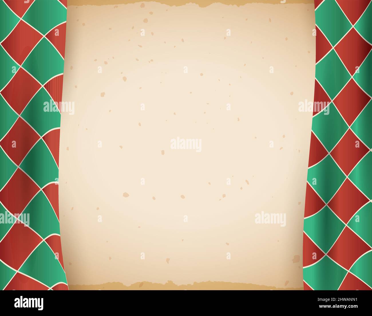 Empty scroll decorated with checkered curtains in red, green and white colors. Stock Vector