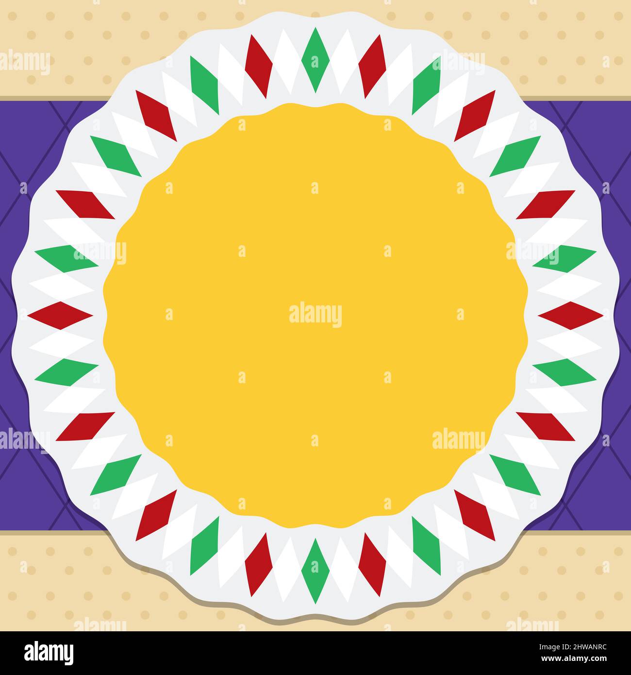 Round button template with rhombus, over purple checkered label and yellow background with dotted pattern. Stock Vector