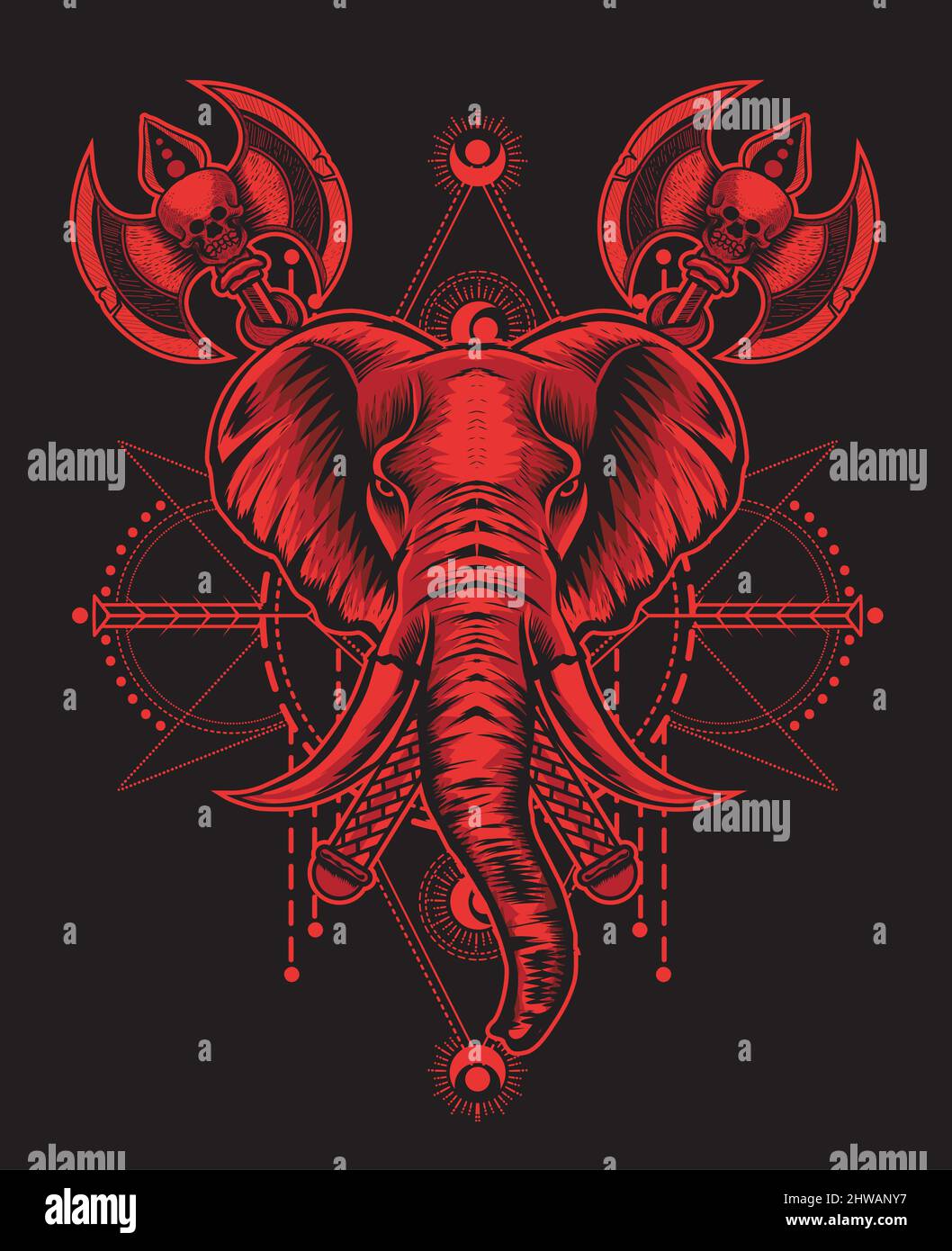 illustration vector elephant head with two ax weapon Stock Vector