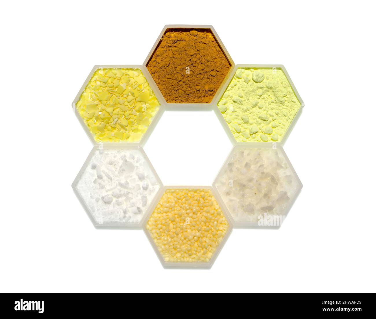 Chemical ingredient in hexagonal molecular shaped container. Curcuma