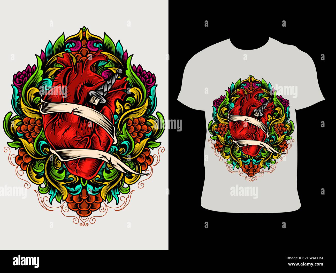 illustration vector human heart with vintage colorful ornament Stock ...