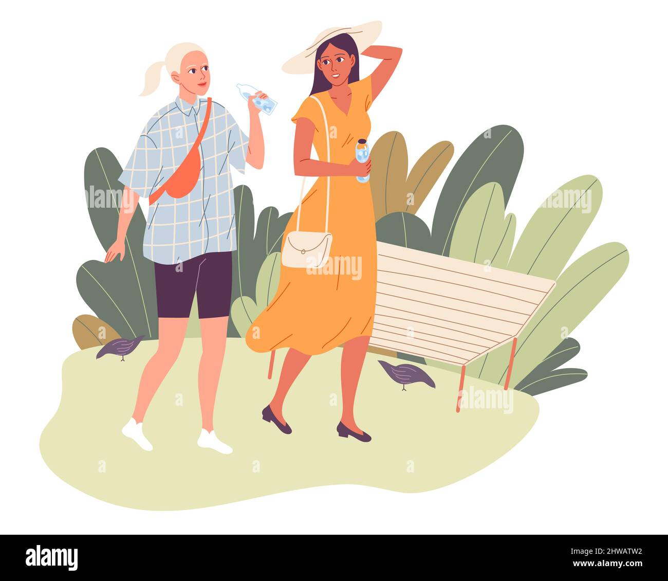 Two girls on a walk in the park in the hot summer. Friends walking, talking, one drinking water. Stock Vector