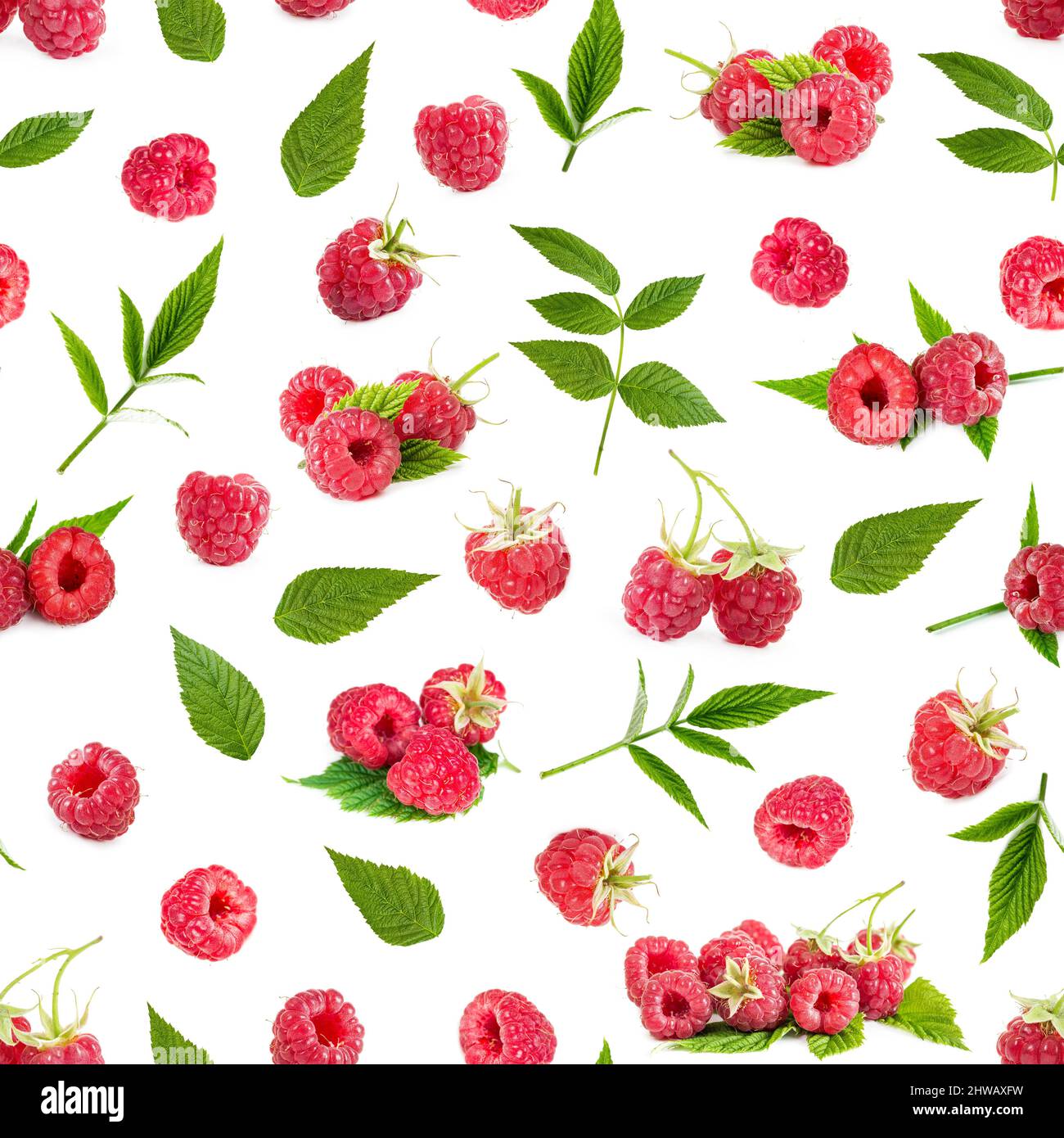Fresh raspberry and leaves isolated on white background. Seamless pattern. Stock Photo