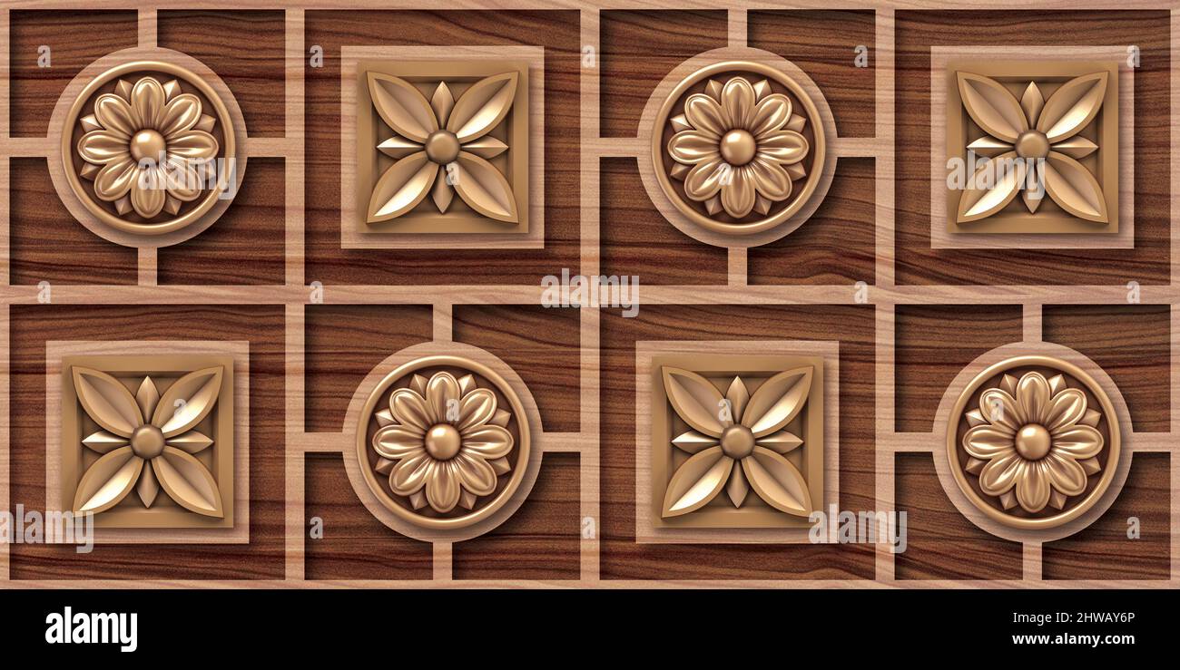 3D Golden flower wooden wall tiles design, Print in Ceramic Industries