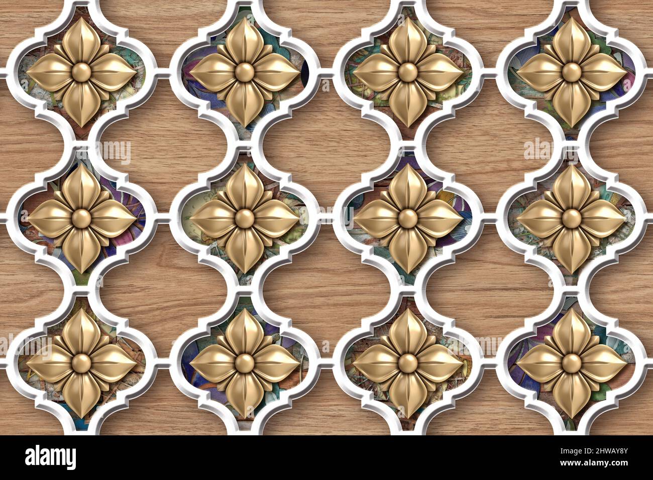 3D Golden flower wooden wall tiles design, Print in Ceramic Industries