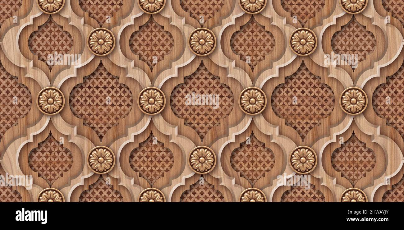 Seamless wooden carving tile with Islam, Arabic, Indian, ottoman motifs. Majolica pottery tile. Portuguese and Spain decor. Ceramic tile. Stock Photo