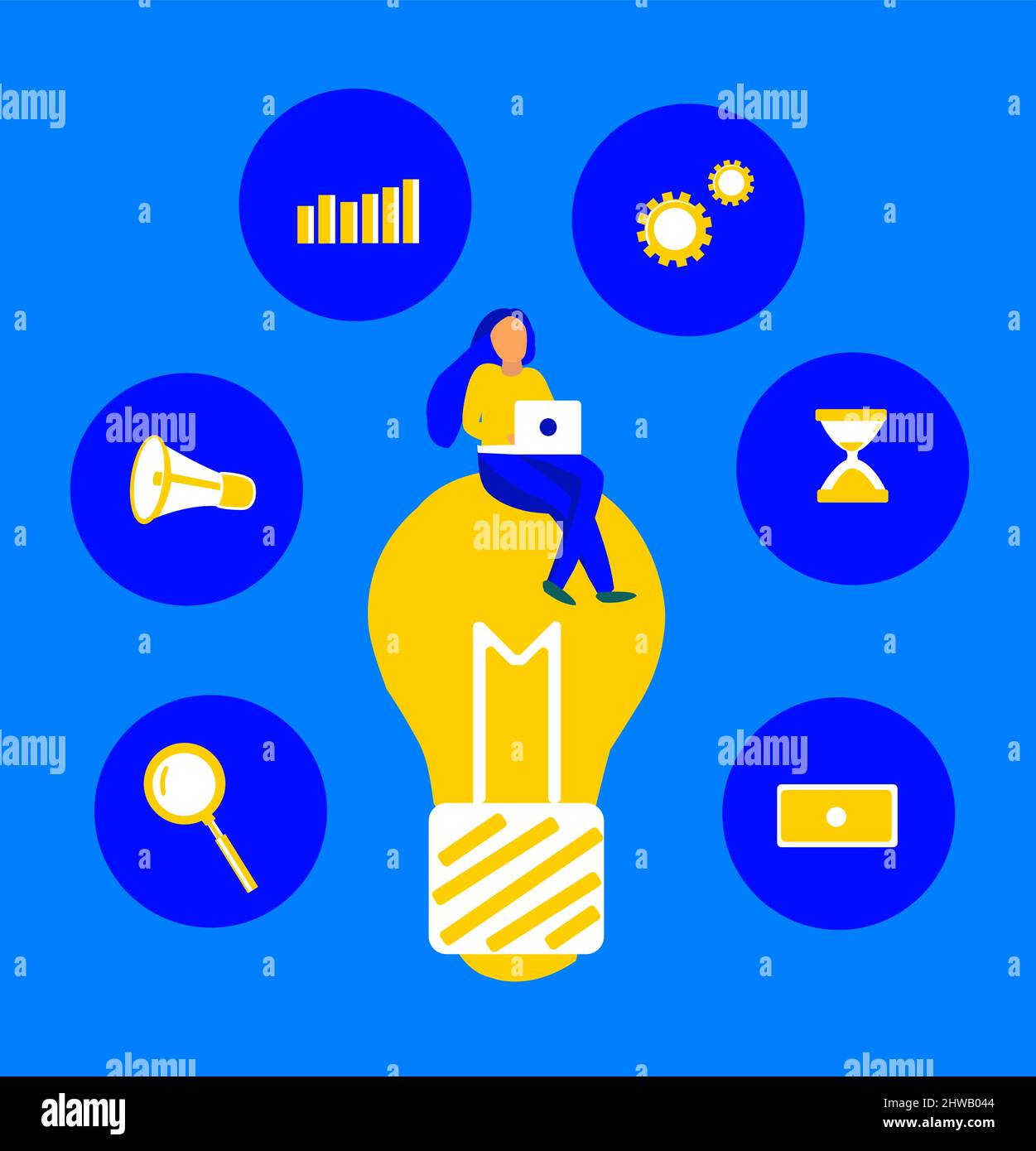 A girl sitting above light bulb working and thinking about project management - time, progress, statistics, search for solution, finance, work Stock Vector