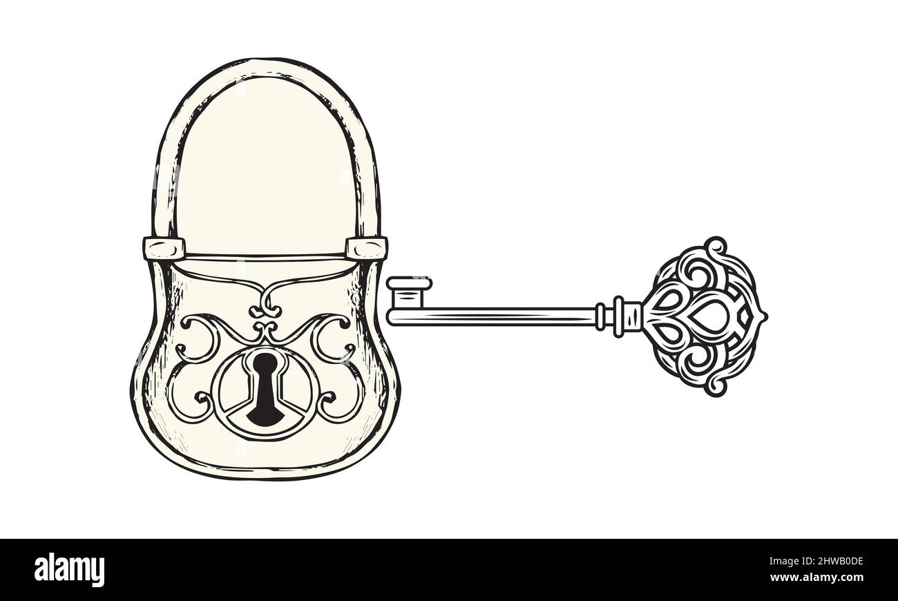 Set of vintage key and lock. Vector illustration cartoon padlock. Secret, mystery or safe icon. Stock Vector
