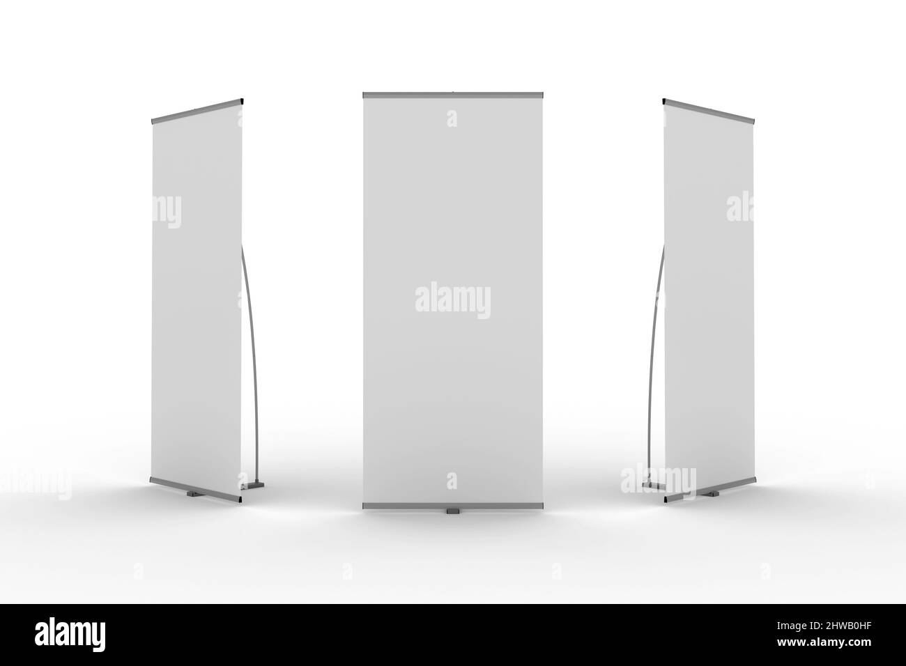 Blank Exhibition Banner Stand arrangement, isolated on a white background. 3D render Illustration. Stock Photo