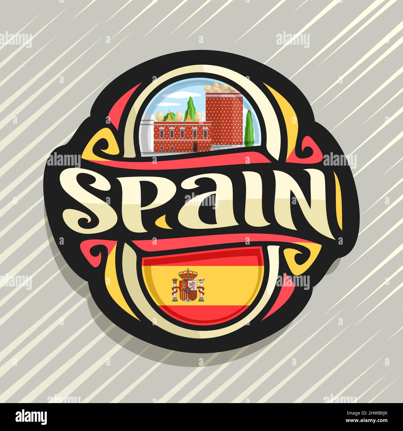 Vector logo for Spain country, fridge magnet with spanish flag, original brush typeface for word spain, spanish symbol - museum and theatre of Salvado Stock Vector