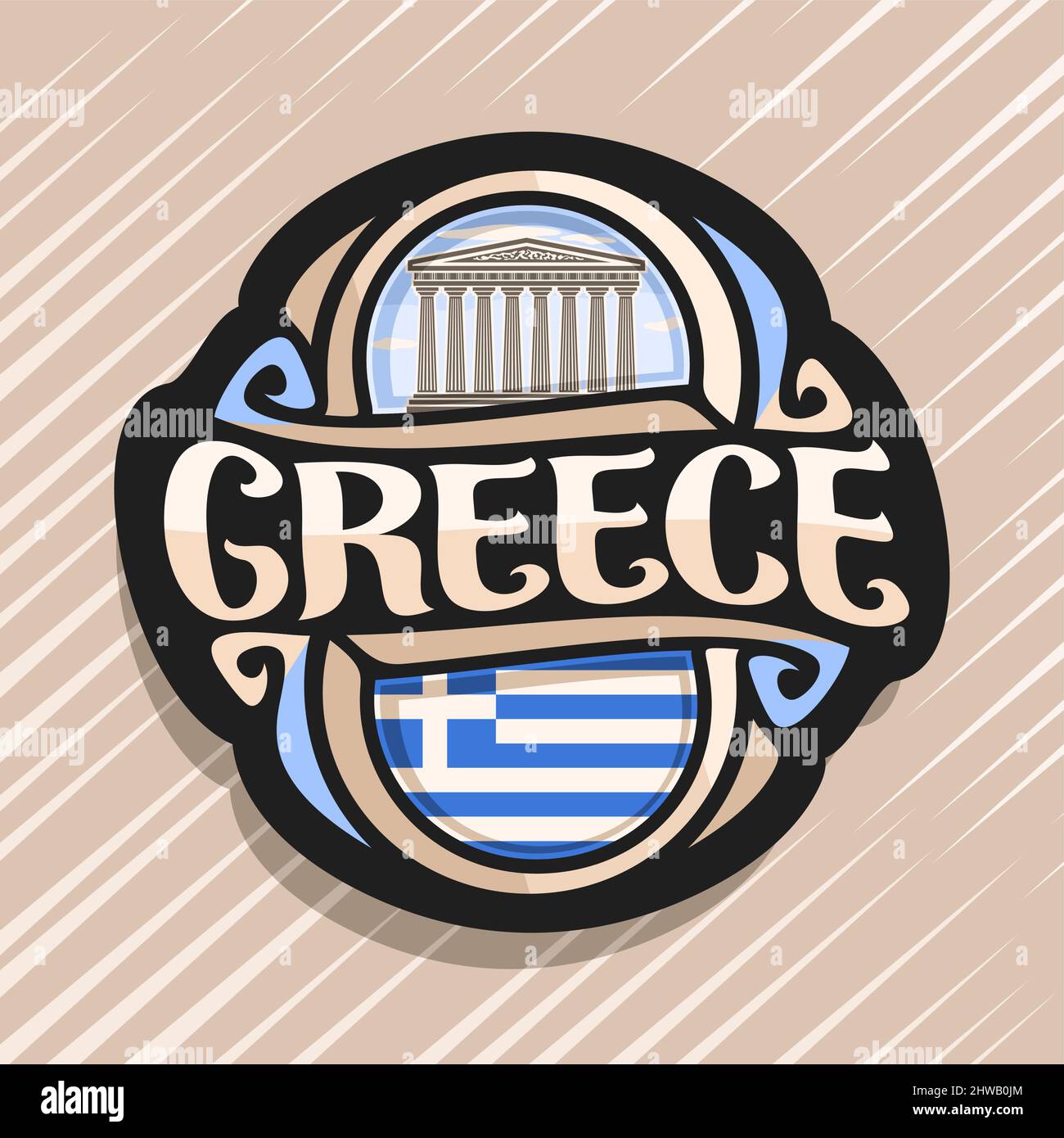 Vector logo for Greece country, fridge magnet with greek flag, original brush typeface for word greece and greek symbol - ancient landmark - temple Pa Stock Vector