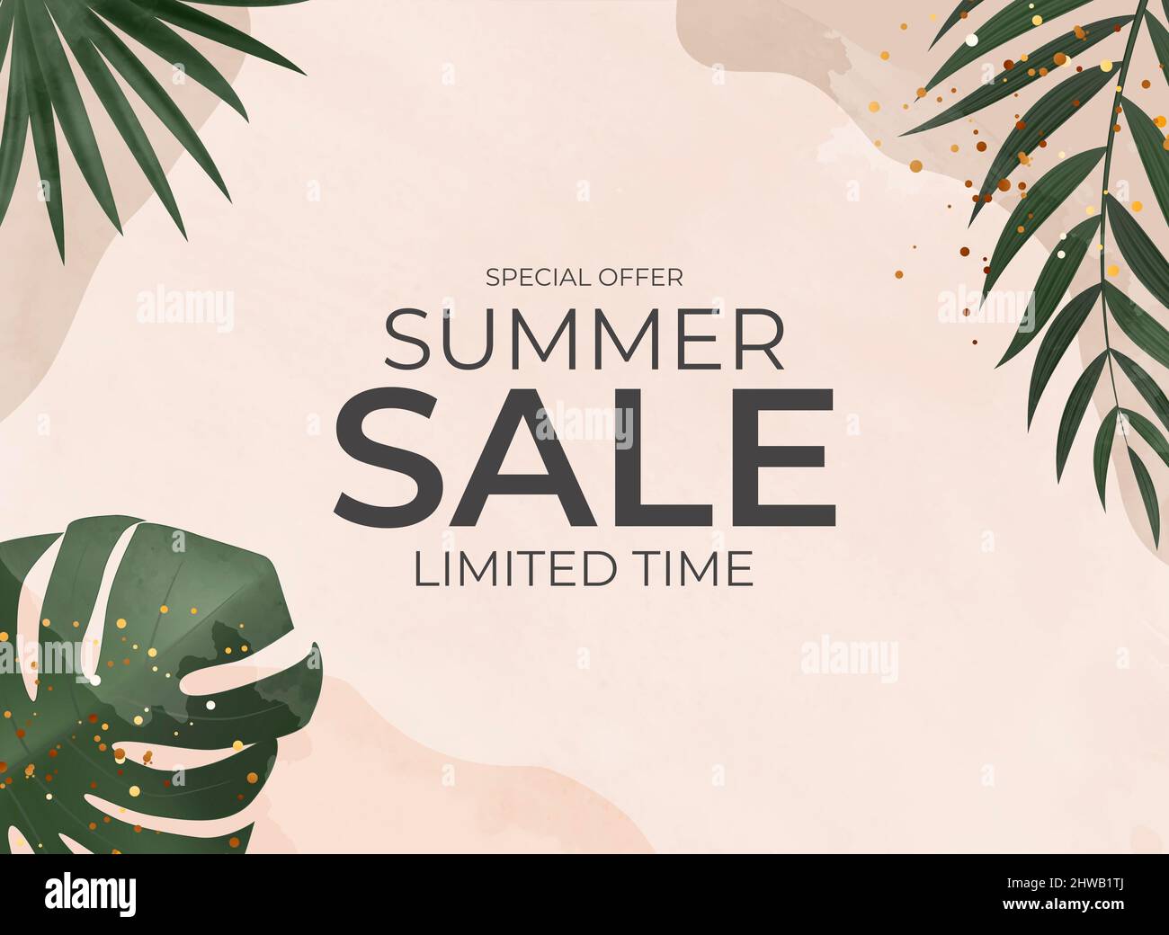 Summer Sale Natural Background with Tropical Palm and Monstera Leaves ...