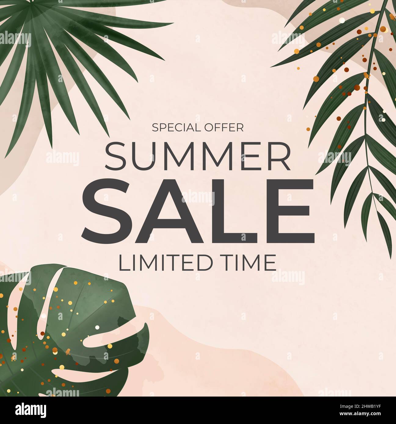 Summer Sale Natural Background with Tropical Palm and Monstera Leaves ...