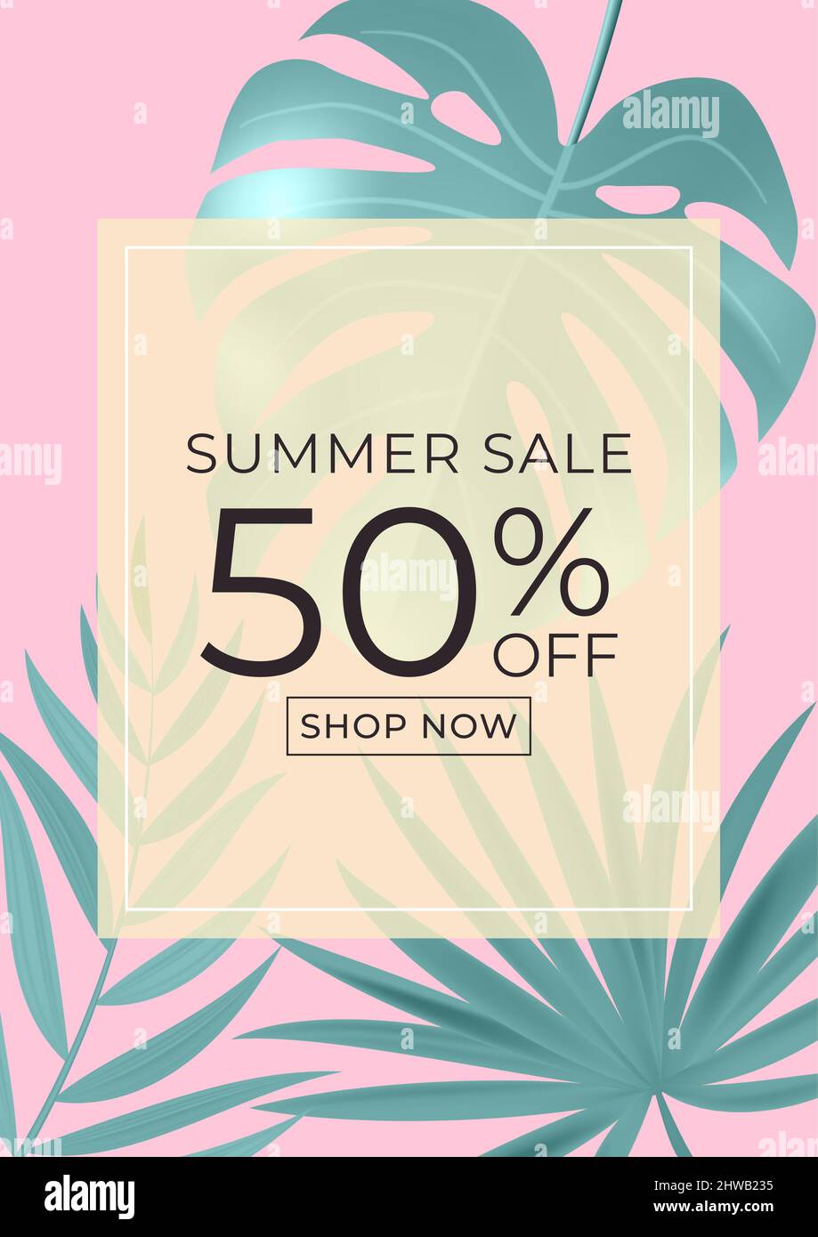 Summer sale poster. Natural Background with Tropical Palm and Monstera ...